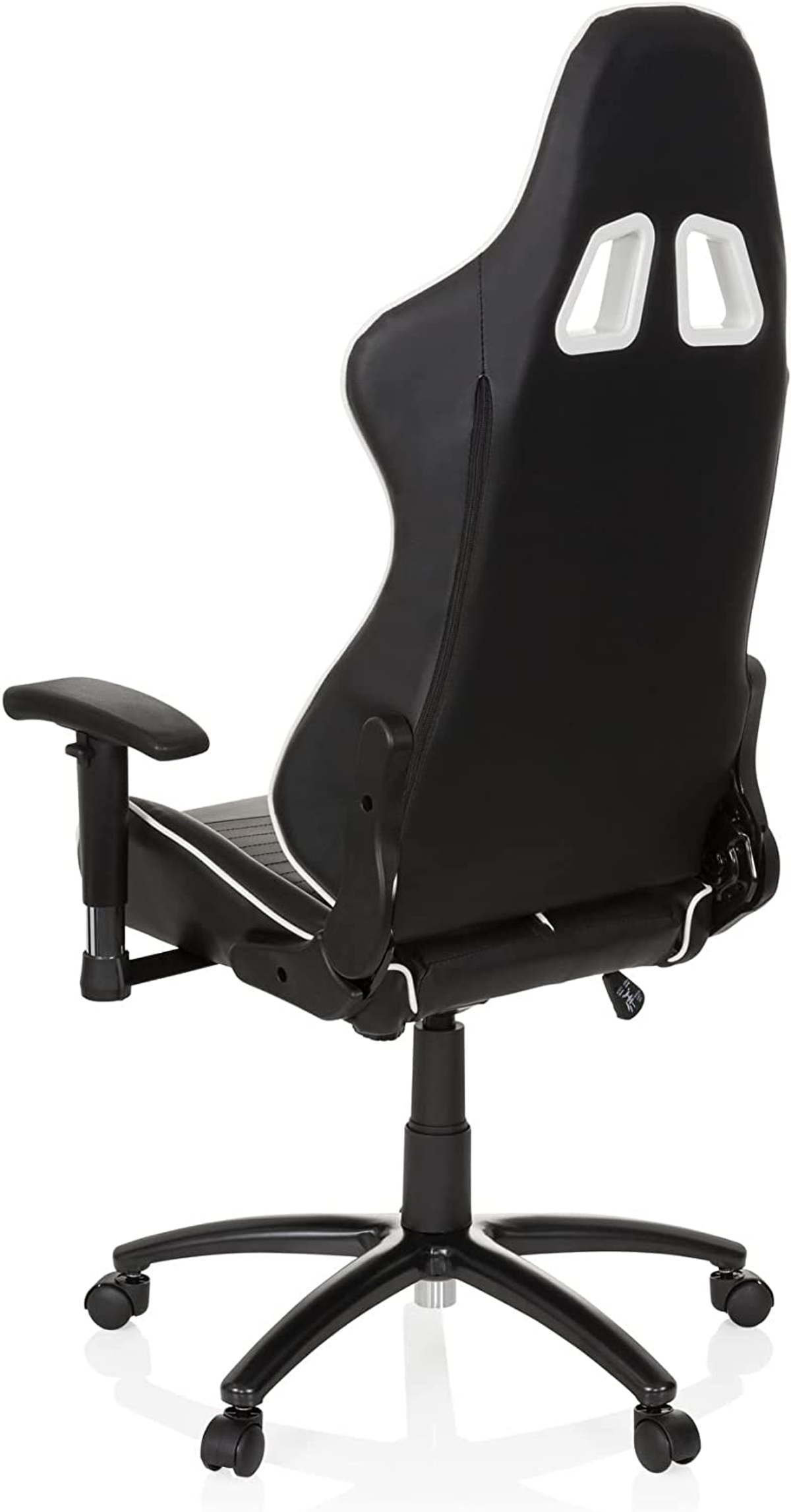 Schwarz-weißer Gaming-Stuhl, Rückansicht. Räder und Basis sichtbar.