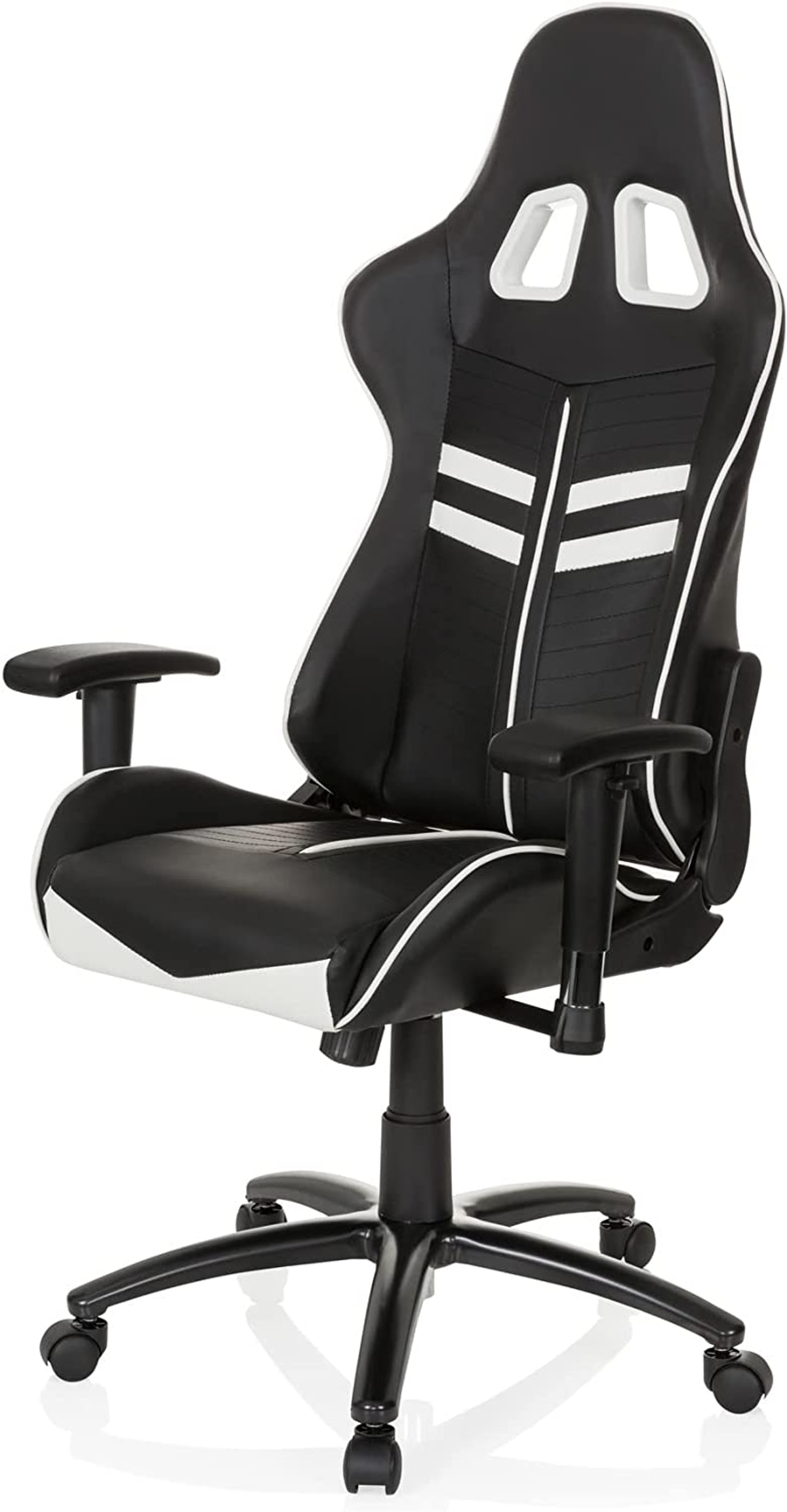 Schwarz-weißer Gaming-Stuhl. Er hat eine hohe Rückenlehne mit weißem Streifendesign und schwarzen Armlehnen.