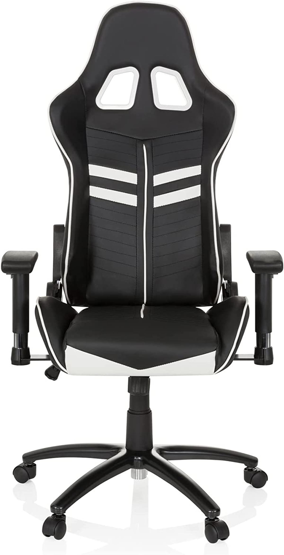 Schwarz-weißer Gaming-Stuhl mit hoher Rückenlehne, Armlehnen und einem Fünf-Rollen-Fuß.