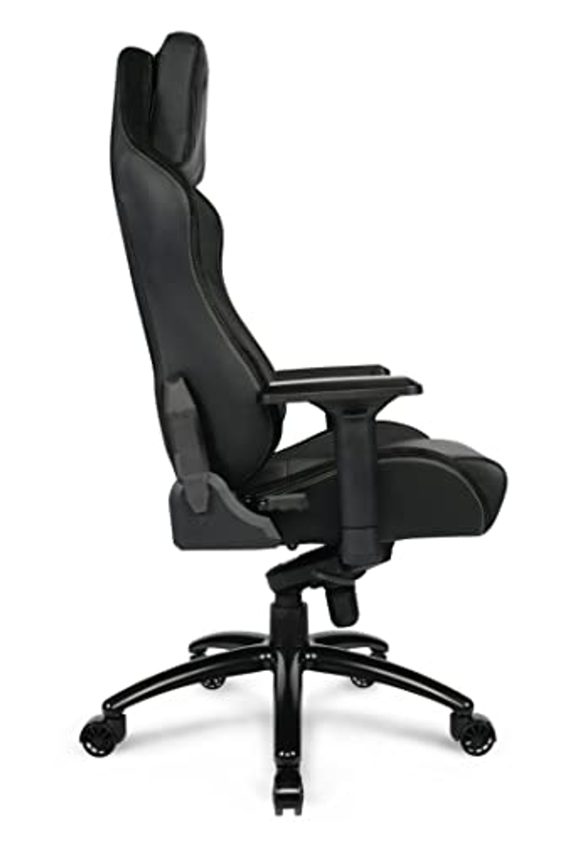 Silla gaming negra, vista lateral, con reposacabezas y base negra.