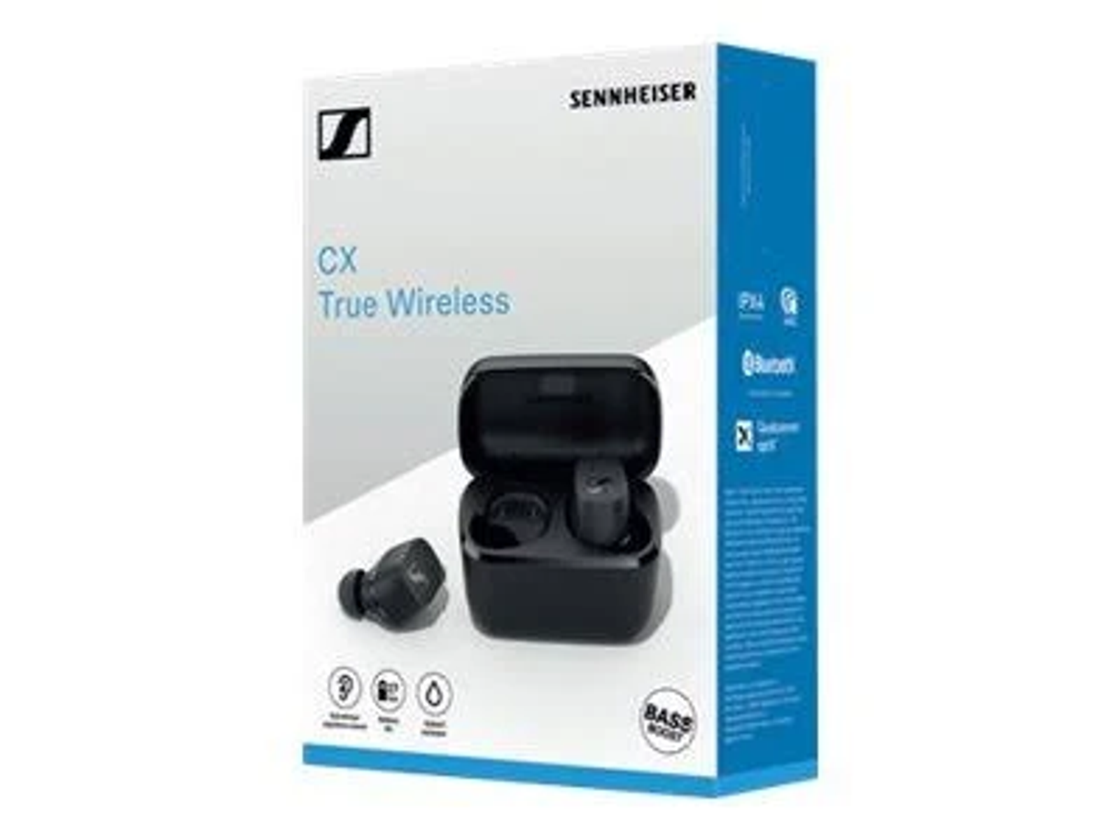 Una caja de auriculares Sennheiser CX True Wireless. La caja es blanca y azul. Los auriculares son negros.