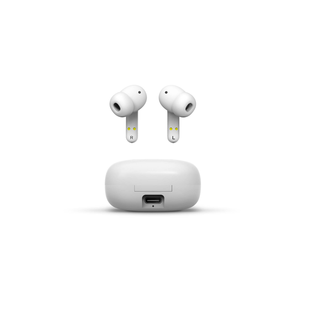 Auriculares inalámbricos blancos y estuche de carga. Los auriculares tienen una 'R' y una 'L'.
