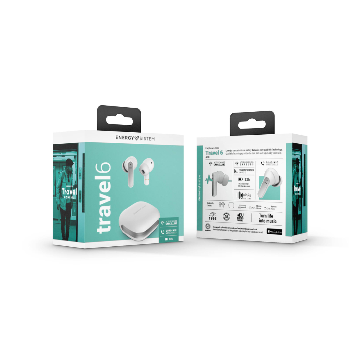 Caja de auriculares; blanca con imagen de auriculares. Texto 'Travel 6' y 'Energy Sistem' visibles.