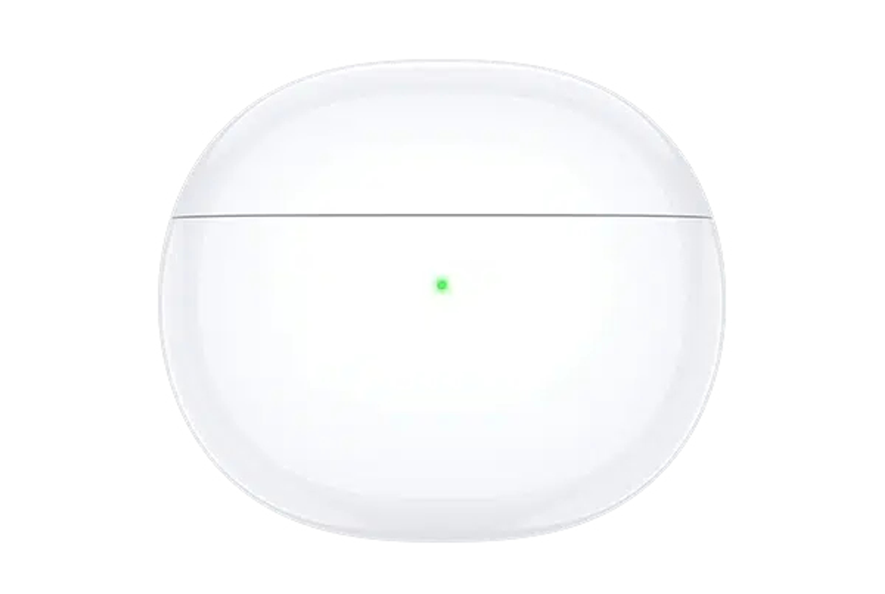 Custodia di ricarica bianca e rotonda per auricolari con luce verde.