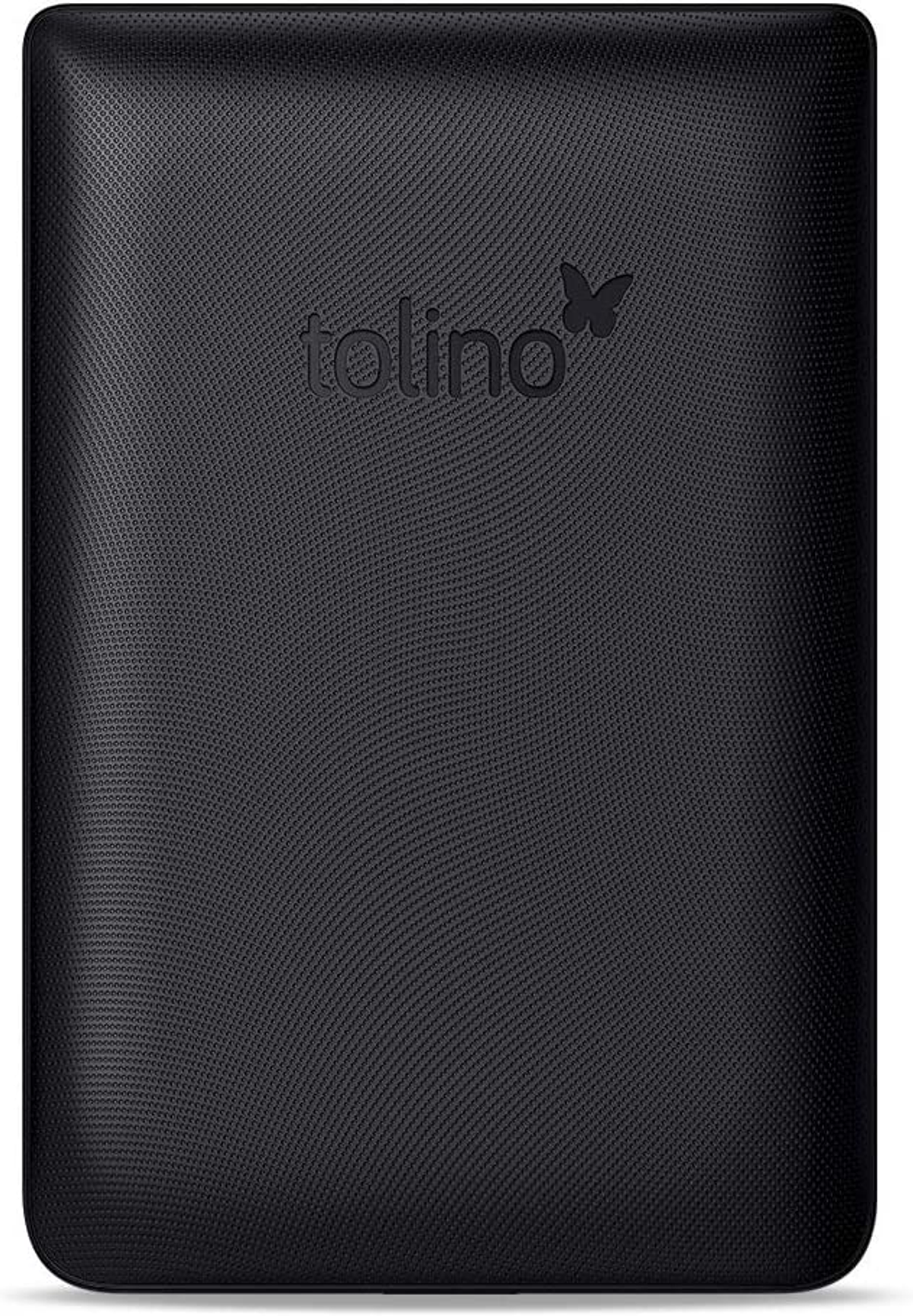 Ein schwarzer Tolino E-Reader mit strukturierter Rückseite und Schmetterlingslogo. Schlank.