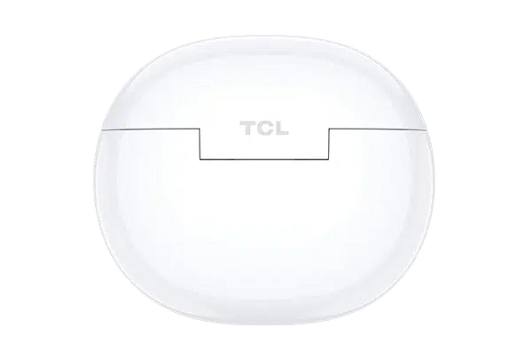 Una custodia di ricarica bianca e rotonda per auricolari TCL. Il logo TCL è visibile.