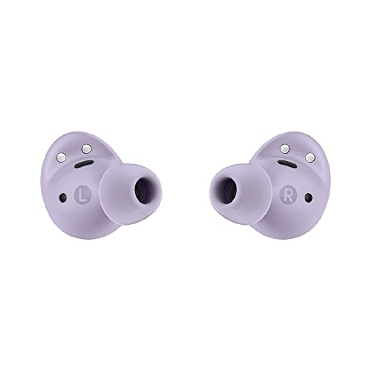Due auricolari viola, quello sinistro con la scritta 'L', quello destro con la scritta 'R'.