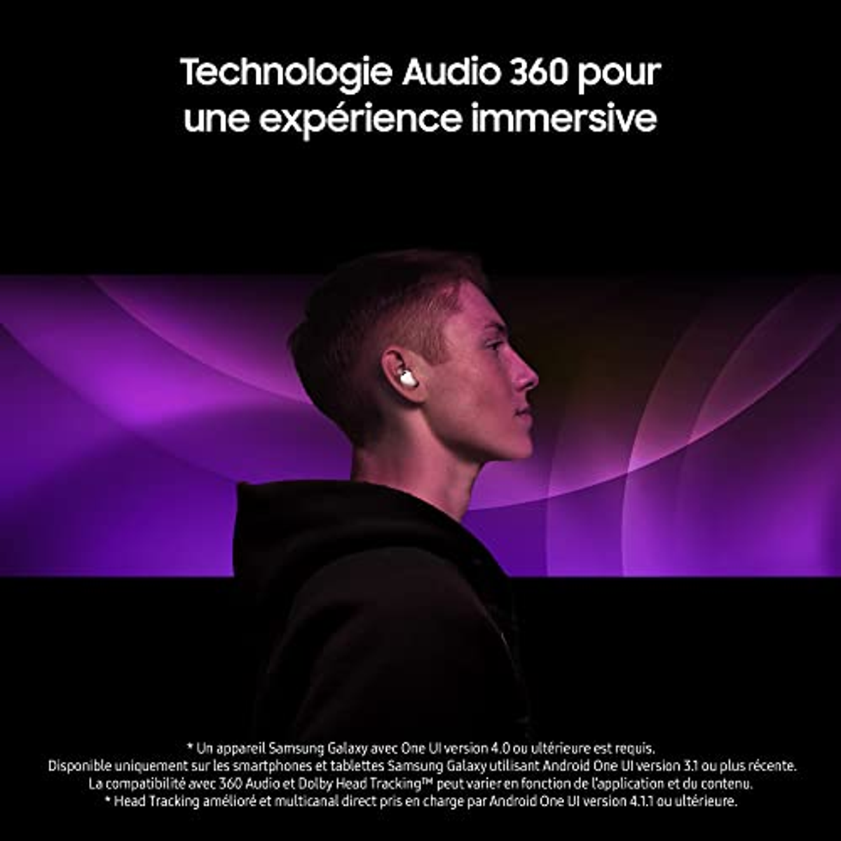 Uomo con auricolari. Sfondo viola. Il testo descrive la tecnologia audio 360.