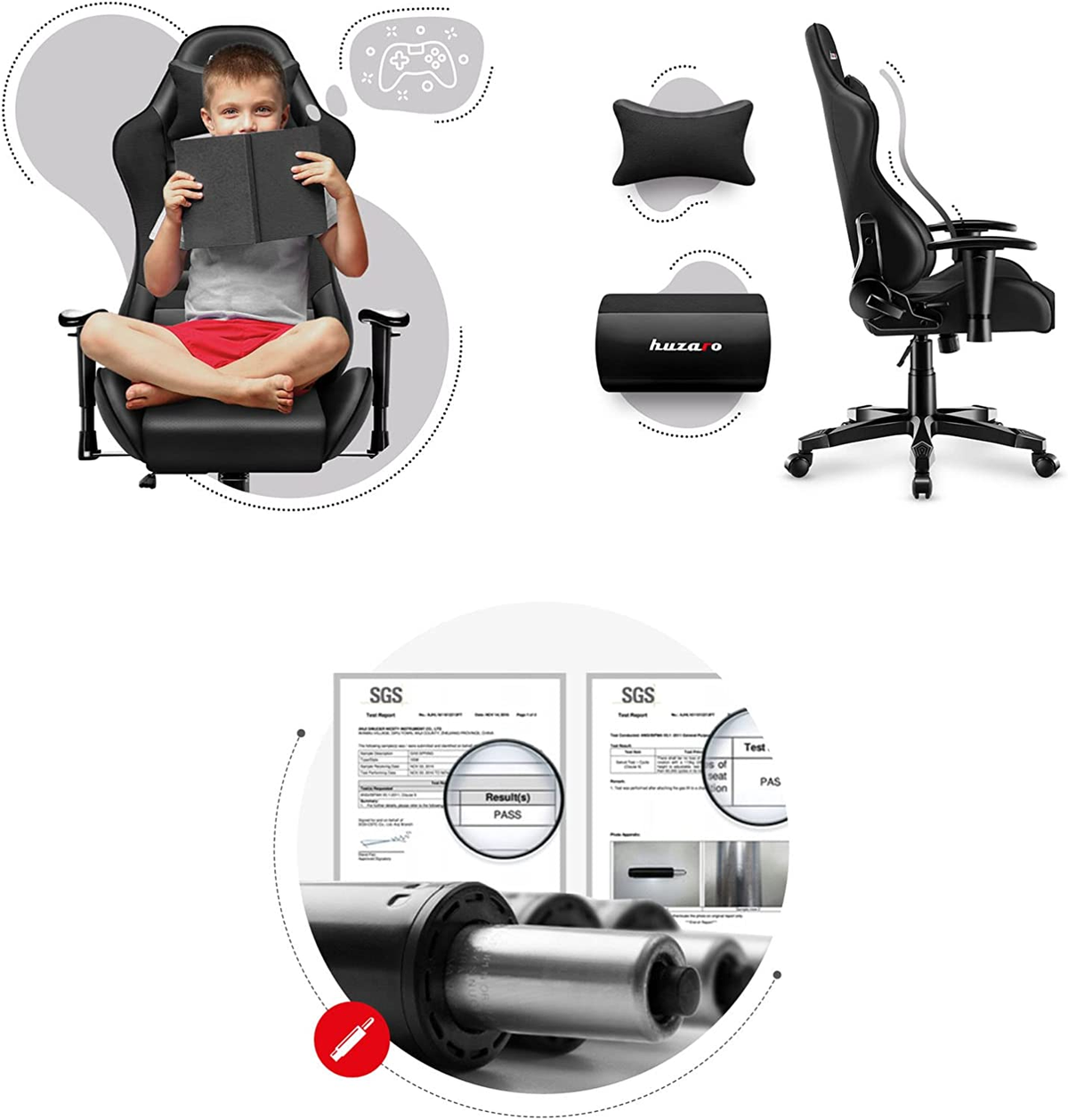 Chłopiec czyta książkę w czarnym fotelu do gier. Komponenty krzesła pokazano szczegółowo.