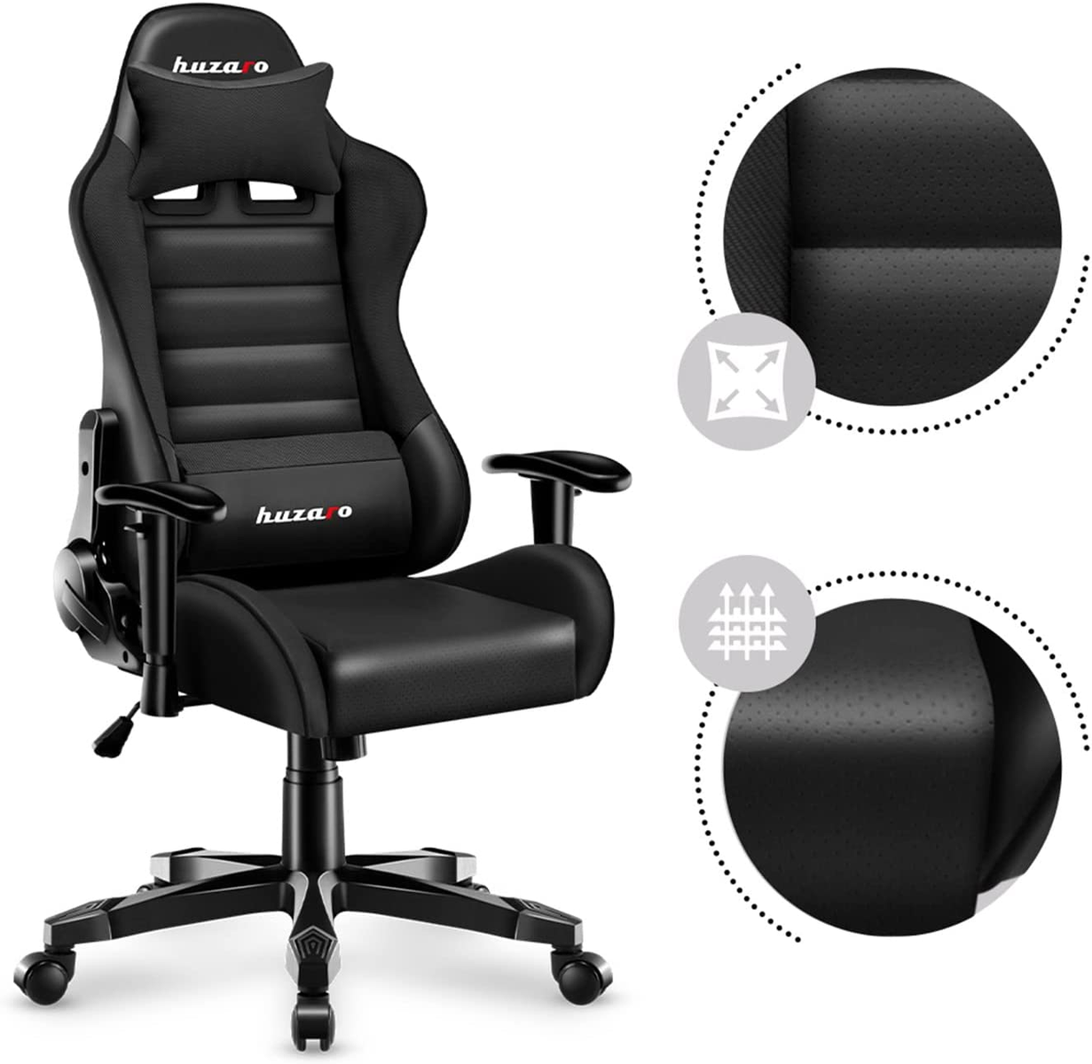 Czarny fotel gamingowy z zagłówkiem, poduszką pod kark i szczegółami materiału fotela.