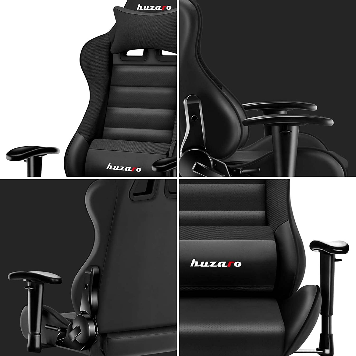 Zbliżenie czarnego fotela gamingowego z detalami zagłówka i podłokietników, na ciemnym tle.