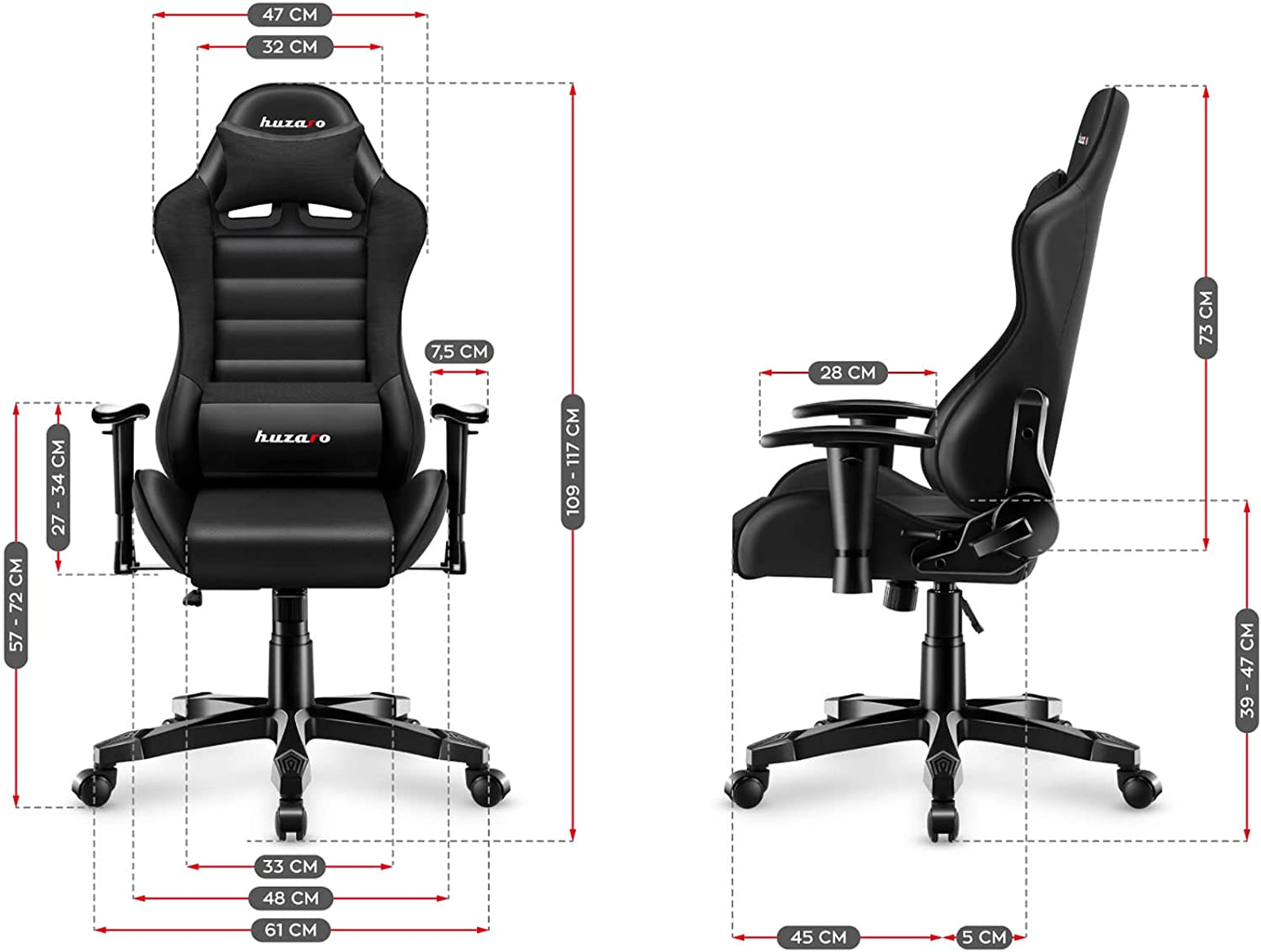 Czarny fotel gamingowy z wymiarami. Pokazano widoki z przodu i z boku.