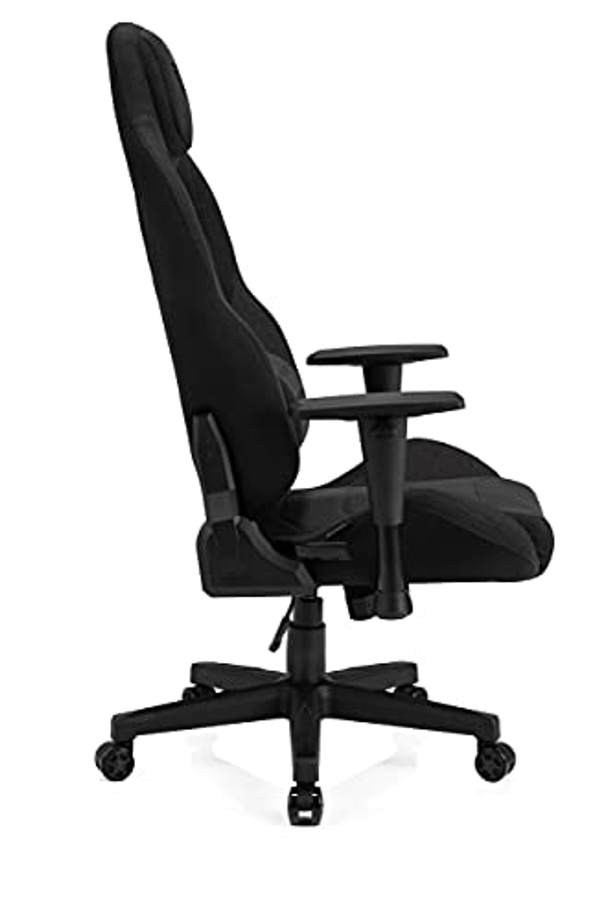 Sedia da gaming nera con schienale alto, braccioli e base a cinque stelle su sfondo bianco.