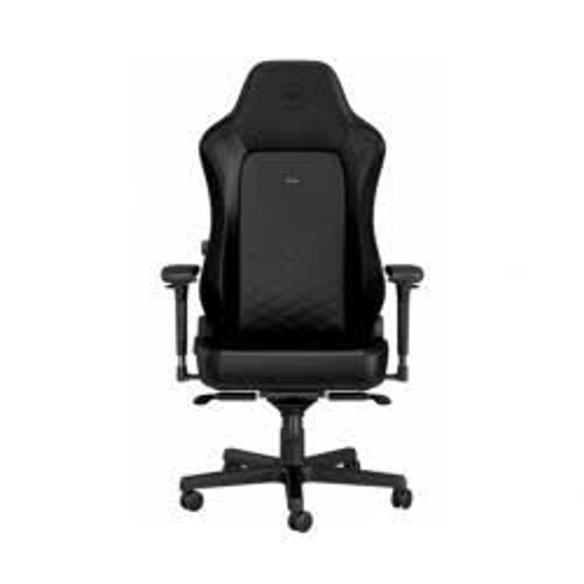 Schwarzer Gaming-Stuhl, Vorderansicht, mit Rautenmuster und Armlehnen, auf weißem Hintergrund.