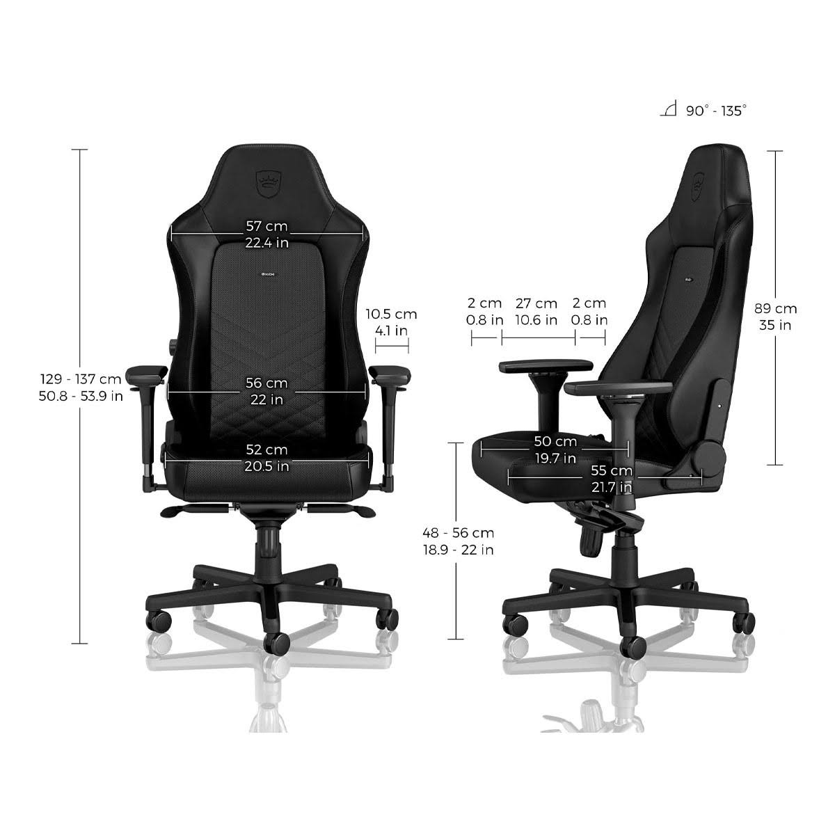 Gaming-Stuhl. Schwarz mit Maßen: 57 cm Breite, 129-137 cm Höhe. Seitenansicht auch mit Maßen gezeigt.