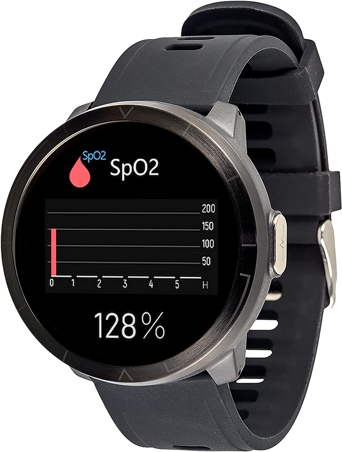 Smartwatch z czarnym ekranem wyświetlającym poziom nasycenia krwi tlenem użytkownika.