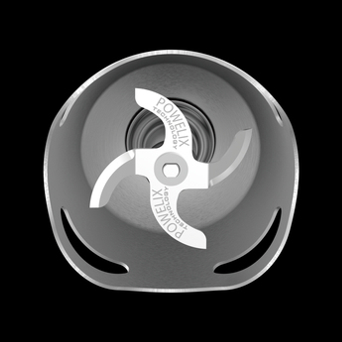 Wnętrze zespołu ostrzy blendera. Jest srebrny z napisem "POWELIX TECHNOLOGY".