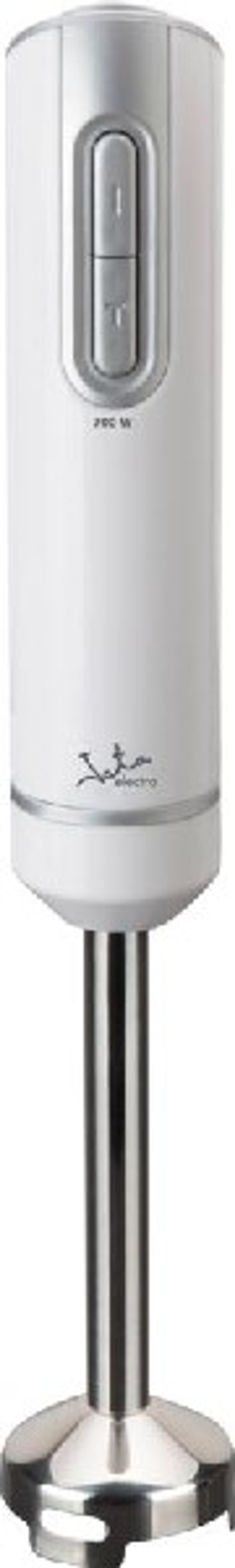 Biały blender ręczny jest odizolowany na białym tle.