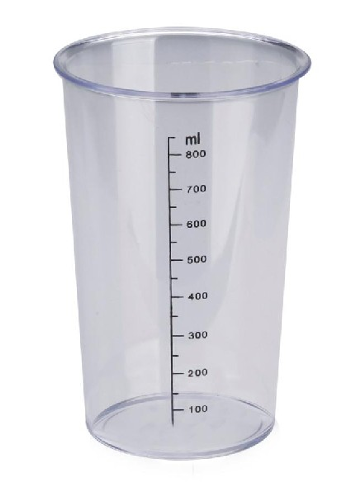 Przezroczysty plastikowy kubek z czarnymi miarkami, na białym tle.
