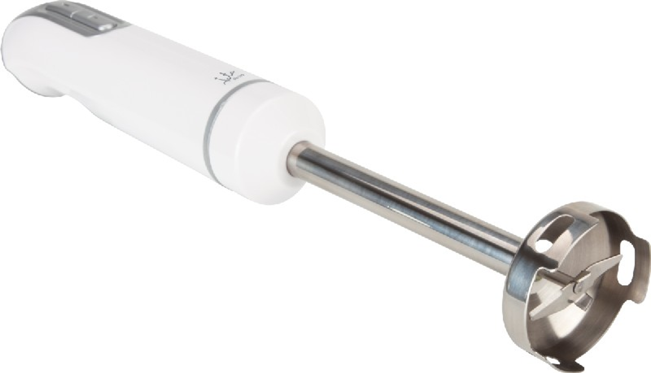 Biały blender ręczny. Końcówka do mieszania ze stali nierdzewnej. Srebrne przyciski. Wyizolowany na białym tle. Widok z boku.