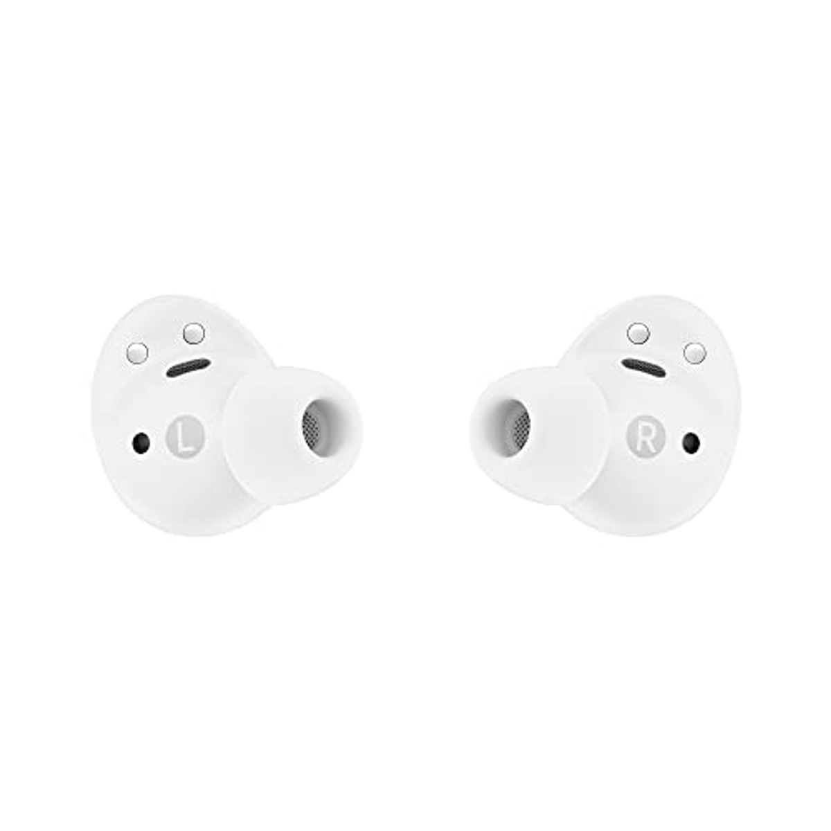 Auricolari bianchi, ciascuno con un piccolo altoparlante ed etichettati con una L e una R per sinistra e destra.