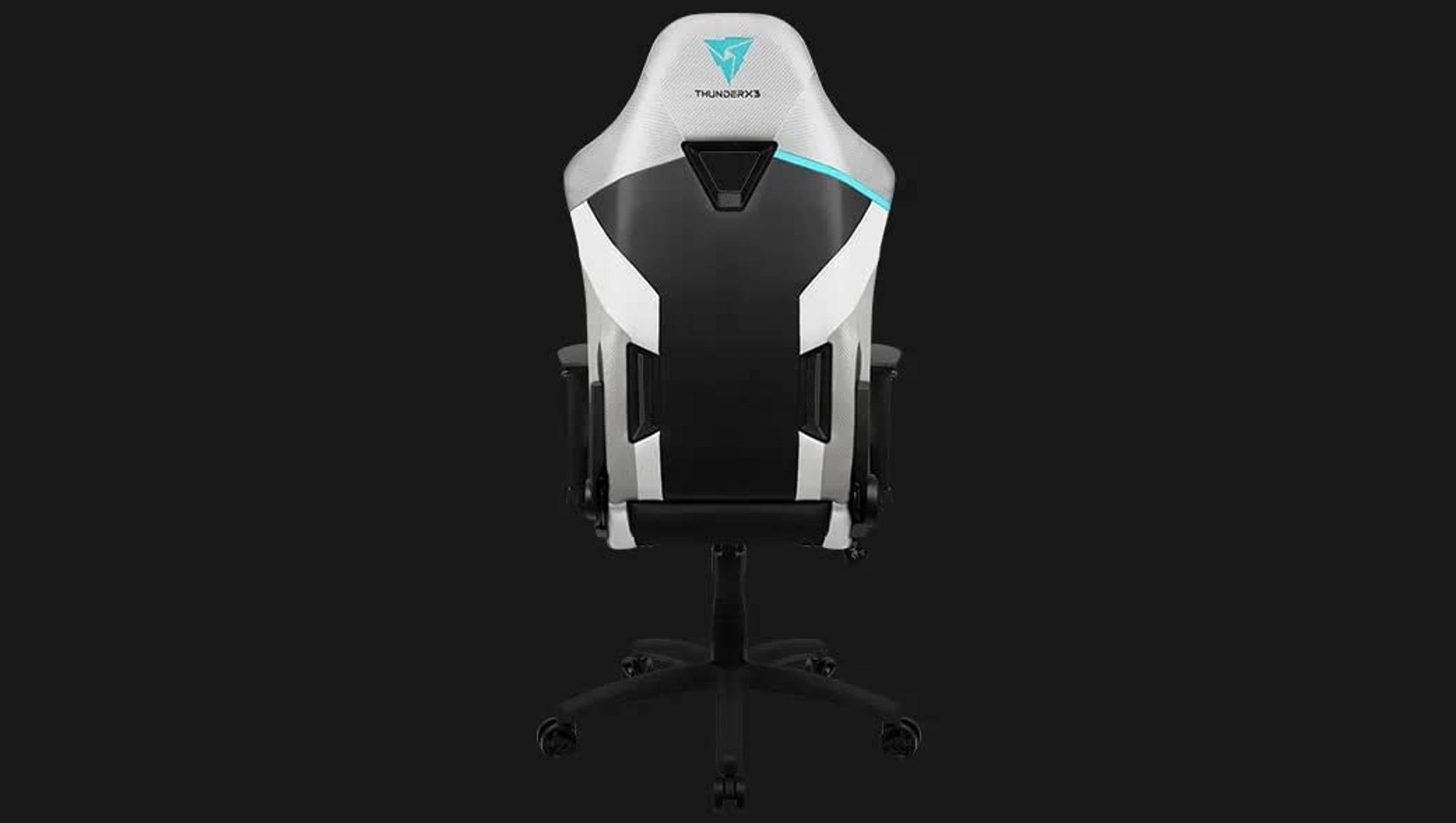Rückseite eines Gaming-Stuhls mit weißem und schwarzem Design und "THUNDERX3"-Logo oben.