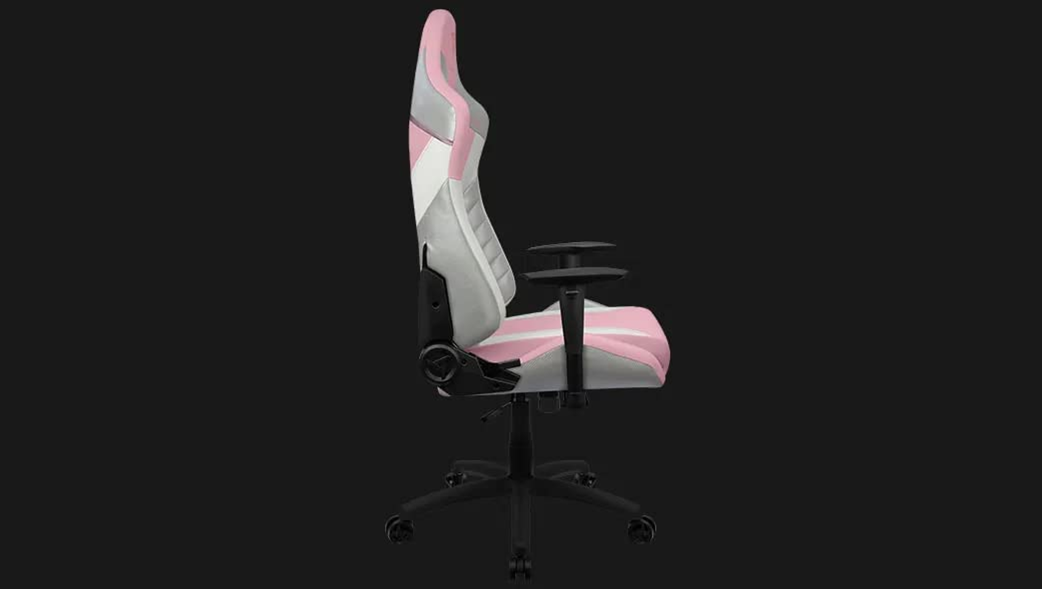 Seitenansicht eines rosa-grauen Gaming-Stuhls mit schwarzem Sockel. Zeigt das Seitenprofil.