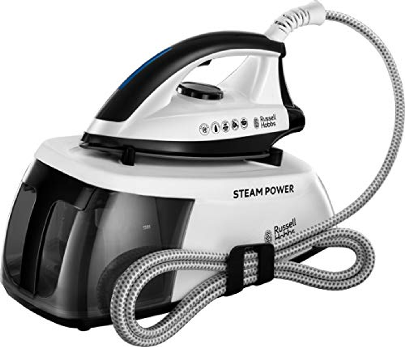 Weißes und schwarzes Dampfbügeleisen mit Basis, ein Kabel ist um die Basis gewickelt.