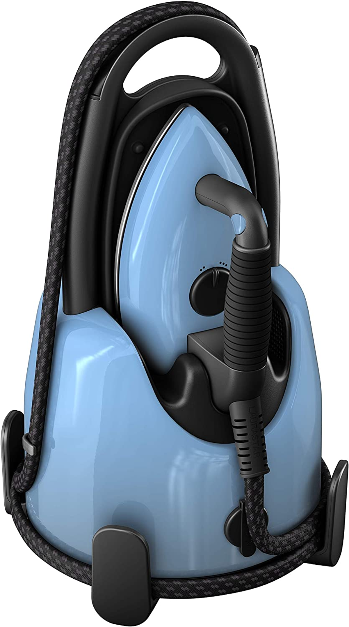 Blaues Bügeleisen mit schwarzem Griff und Kabel, in einem blauen Ständer platziert. Das Bügeleisen hat ein Zifferblatt.