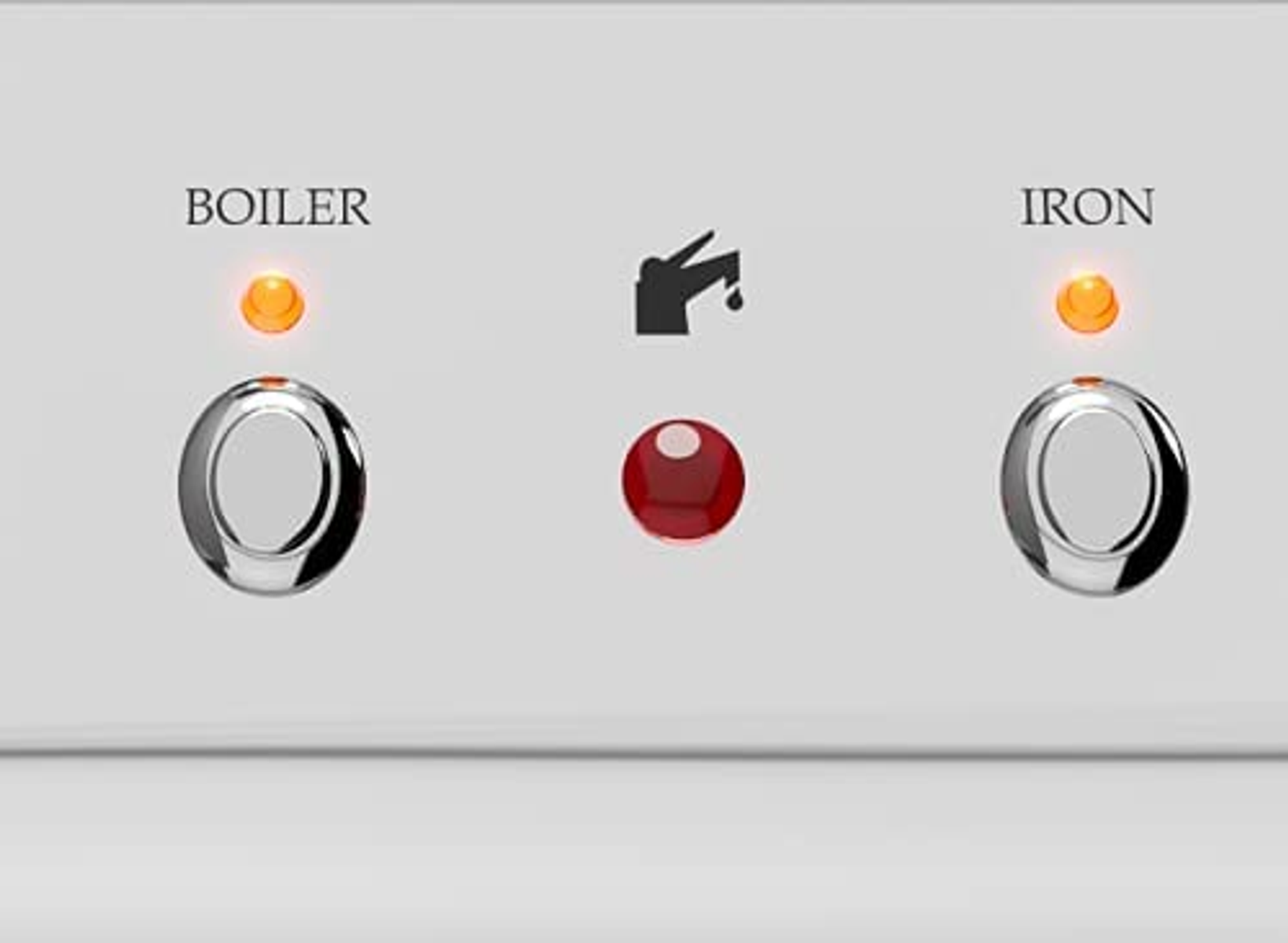 Bedienfeld mit Boiler- und Bügeleisen-Anzeigen. Rotes Licht für Wasser. Zwei Drehknöpfe.