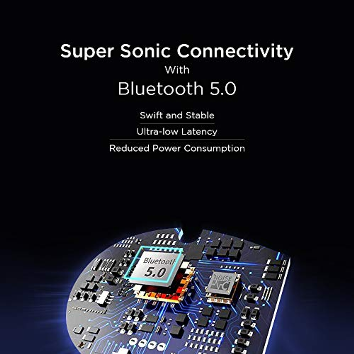 Eine Leiterplatte wird mit dem Text 'Bluetooth 5.0' angezeigt. Blaue und weiße Designs umgeben sie.