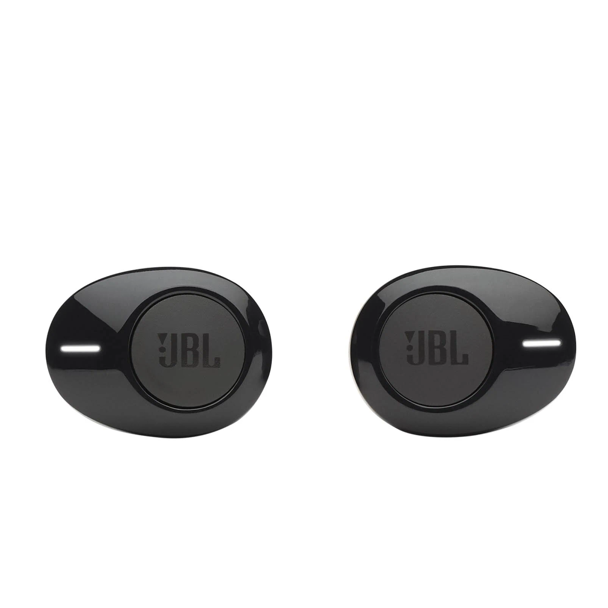 Zwei schwarze JBL-Ohrhörer, oval geformt, mit JBL-Logo.