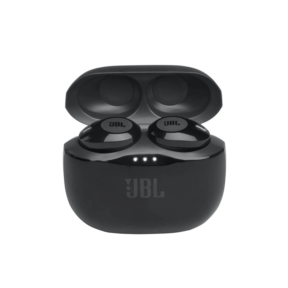 Schwarze JBL-Ohrhörer in einem Ladecase. Das Case ist geöffnet, die Ohrhörer sind sichtbar.