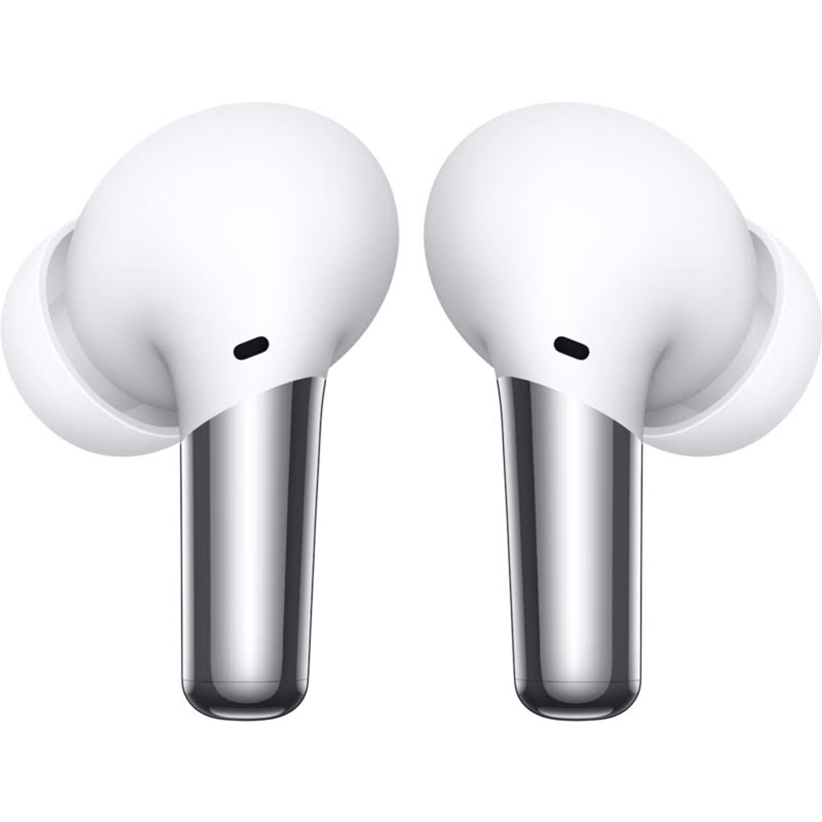 Auricolari wireless bianchi con steli argentati.