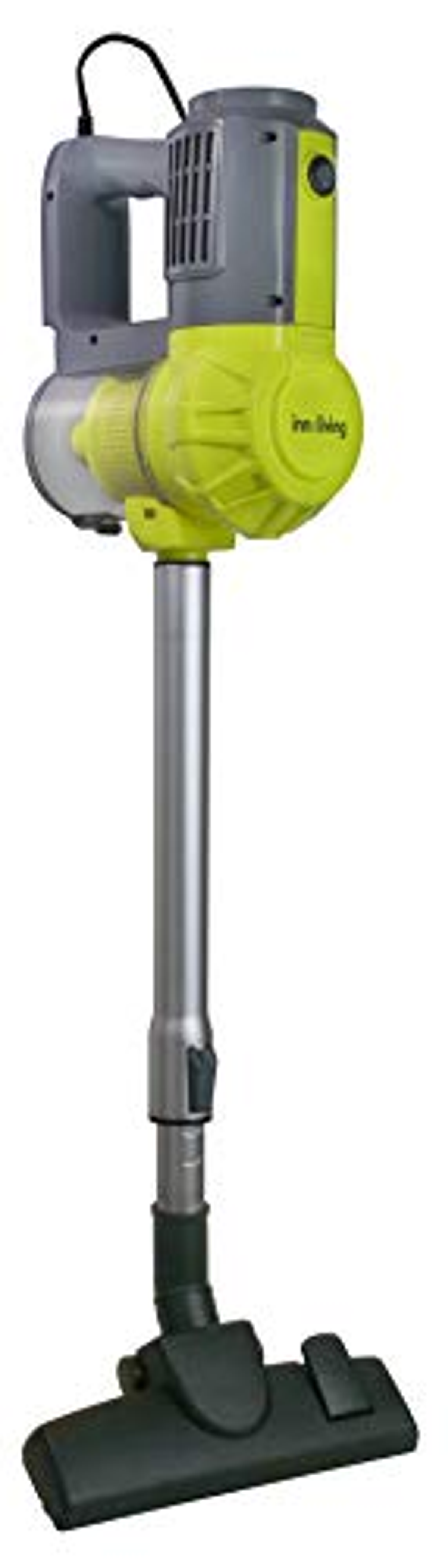 Żółty i szary odkurzacz ręczny, z długim uchwytem i szczotką.