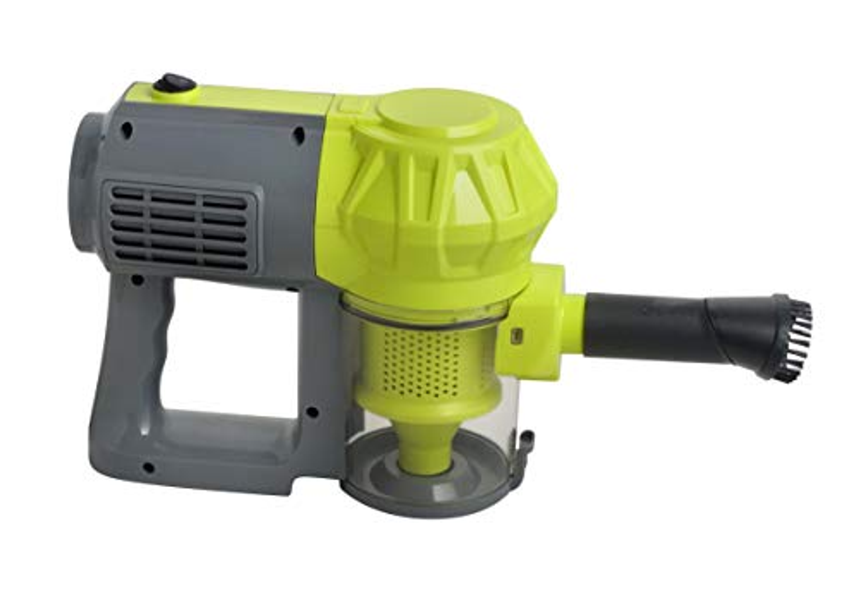 Odkurzacz ręczny, szary i limonkowo-zielony, z dyszą i uchwytem.