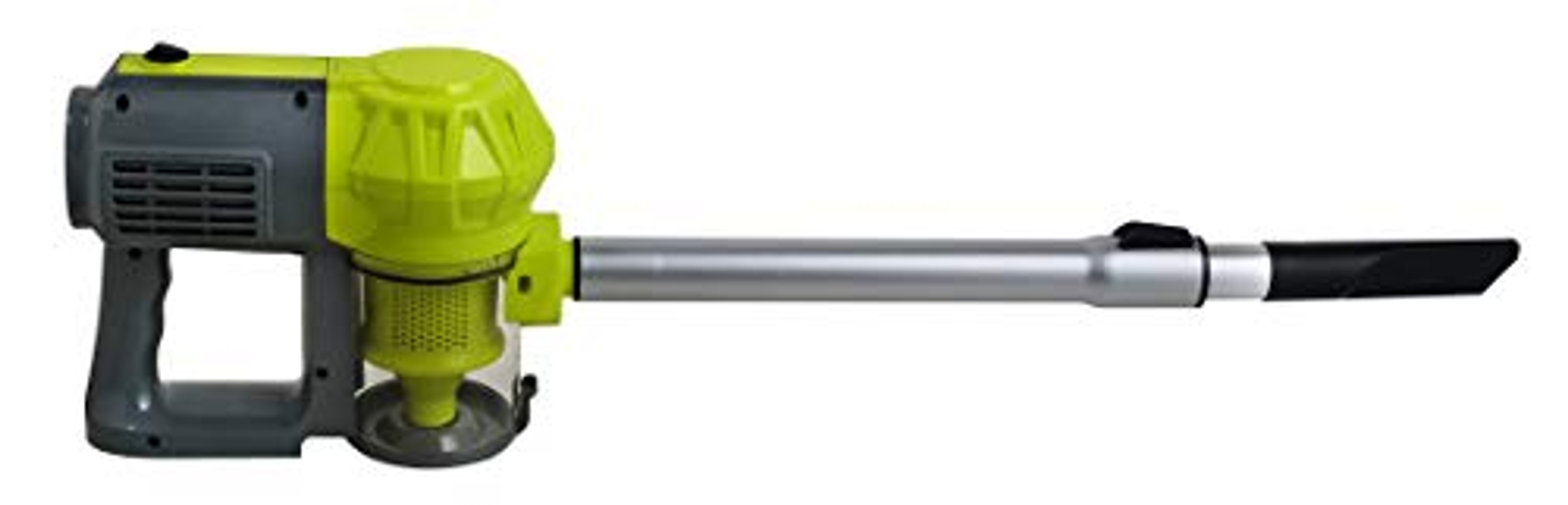 Odkurzacz ręczny, szary i zielony, z długim przedłużeniem do czyszczenia.