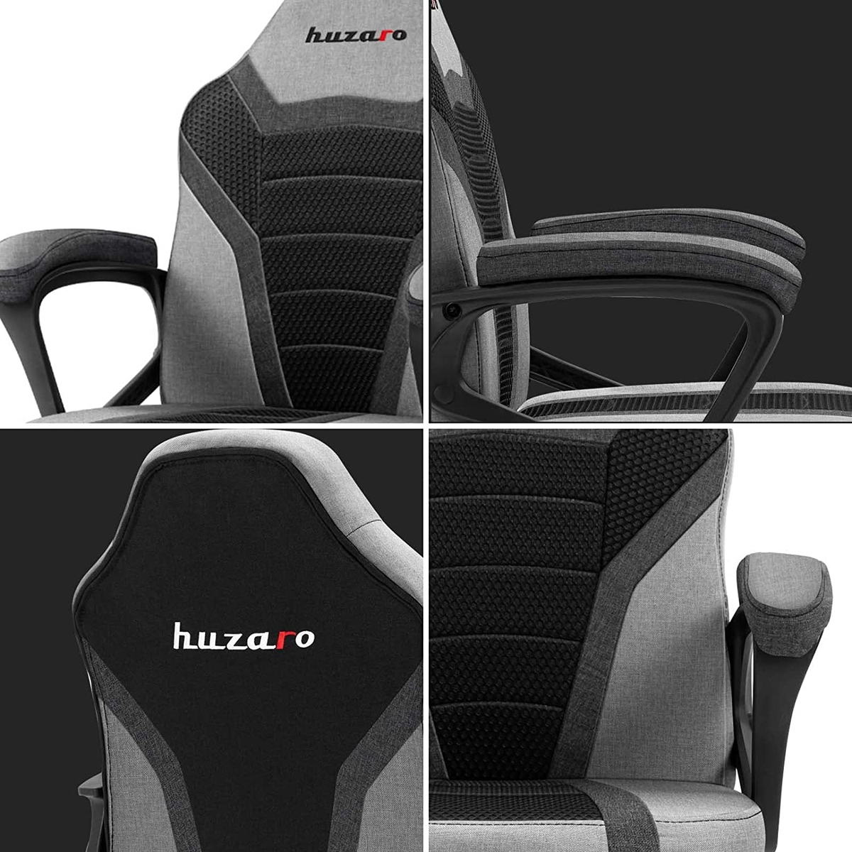 Krzesło gamingowe w kolorze szarym i czarnym z nazwą marki. Zbliżenia szczegółów krzesła.