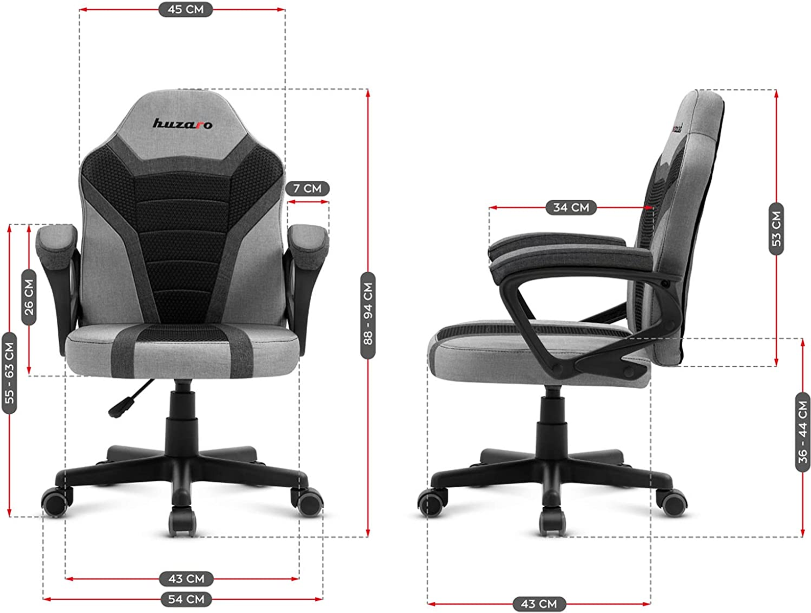 Diagramy krzesła do gier z wymiarami. Krzesło jest szare i czarne z wymiarami w centymetrach.