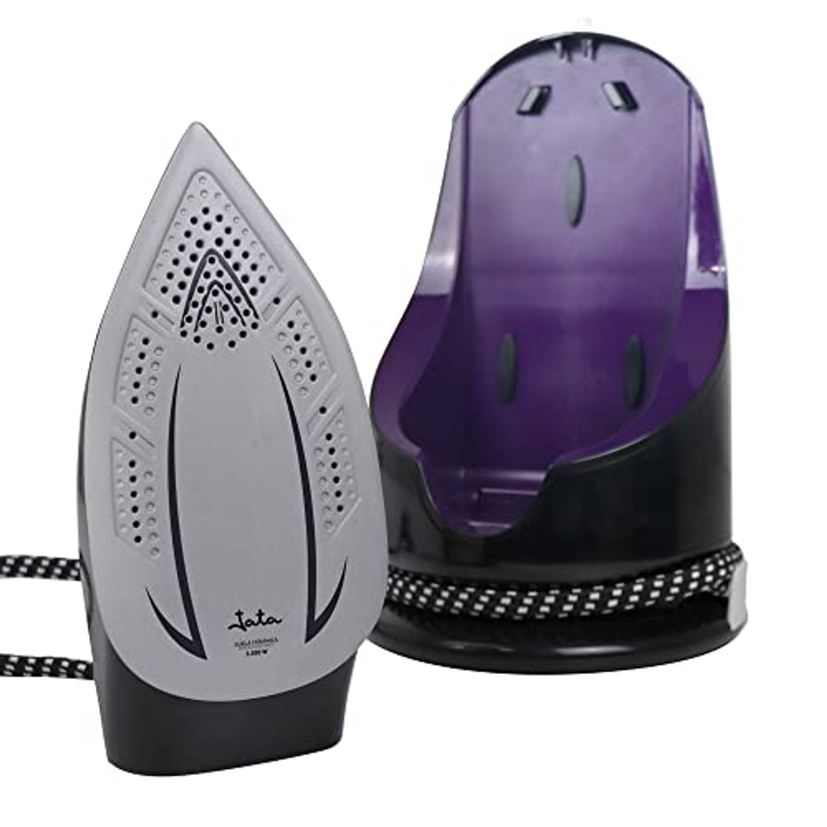 Bügeleisen mit schwarz-weißem Kabel neben seiner lila Ladestation, vor weißem Hintergrund.