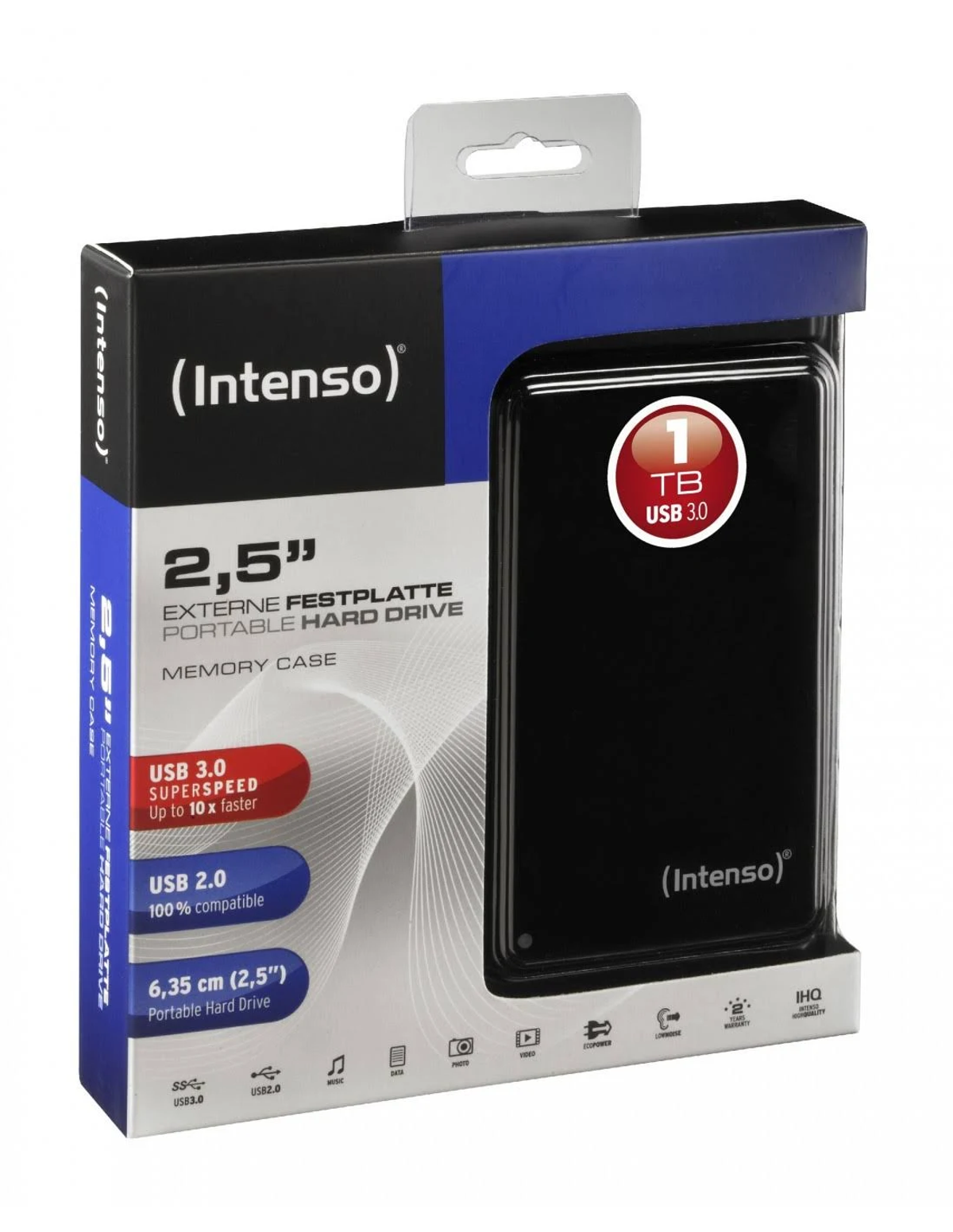 Czarno-białe pudełko zewnętrznego dysku twardego Intenso 2,5". Odczytuje 1 TB USB 3.0. Dysk jest w pudełku.