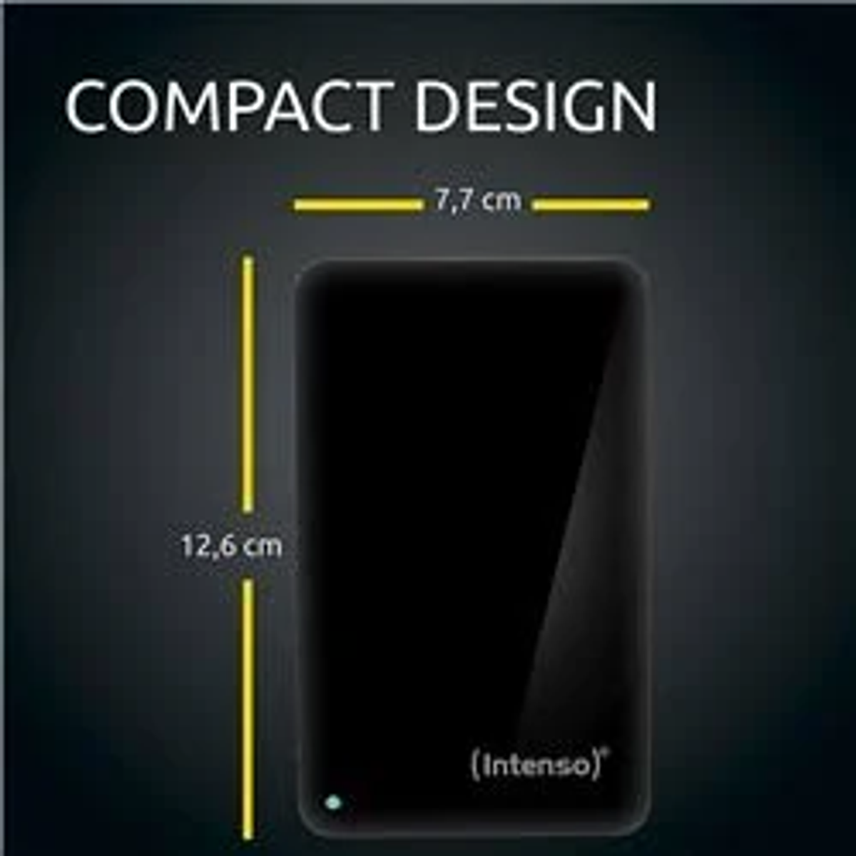 Czarny, prostokątny zewnętrzny dysk twardy z wymiarami: 12,6 cm wysokości i 7,7 cm szerokości.