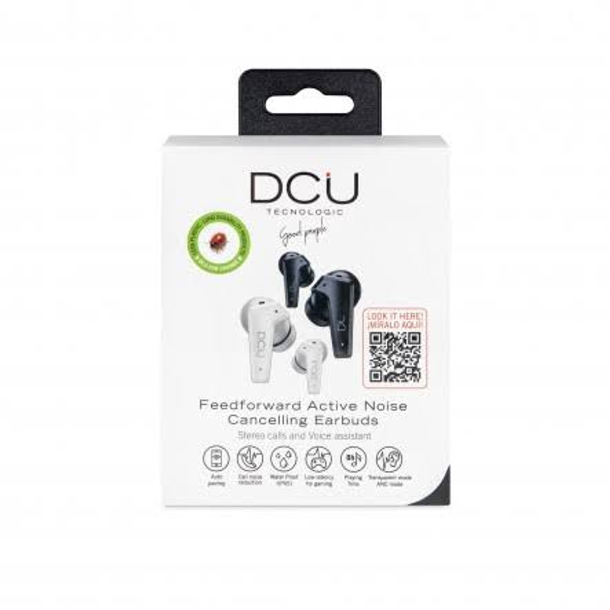 Scatola bianca con auricolari. Testo: Feedforward Active Noise Cancelling Earbuds. Include un codice QR.