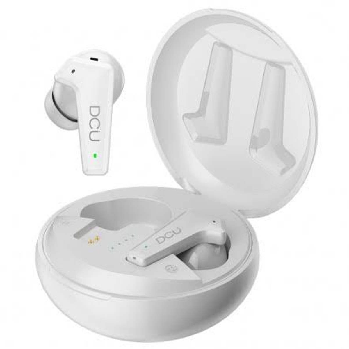 Auricolari bianchi in una custodia di ricarica bianca aperta. Un auricolare fuori dalla custodia.