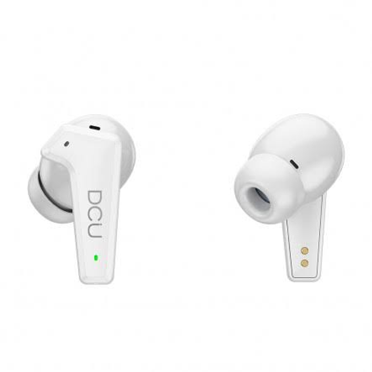 Coppia di auricolari wireless bianchi. Gli auricolari hanno il logo DCU e un indicatore verde.