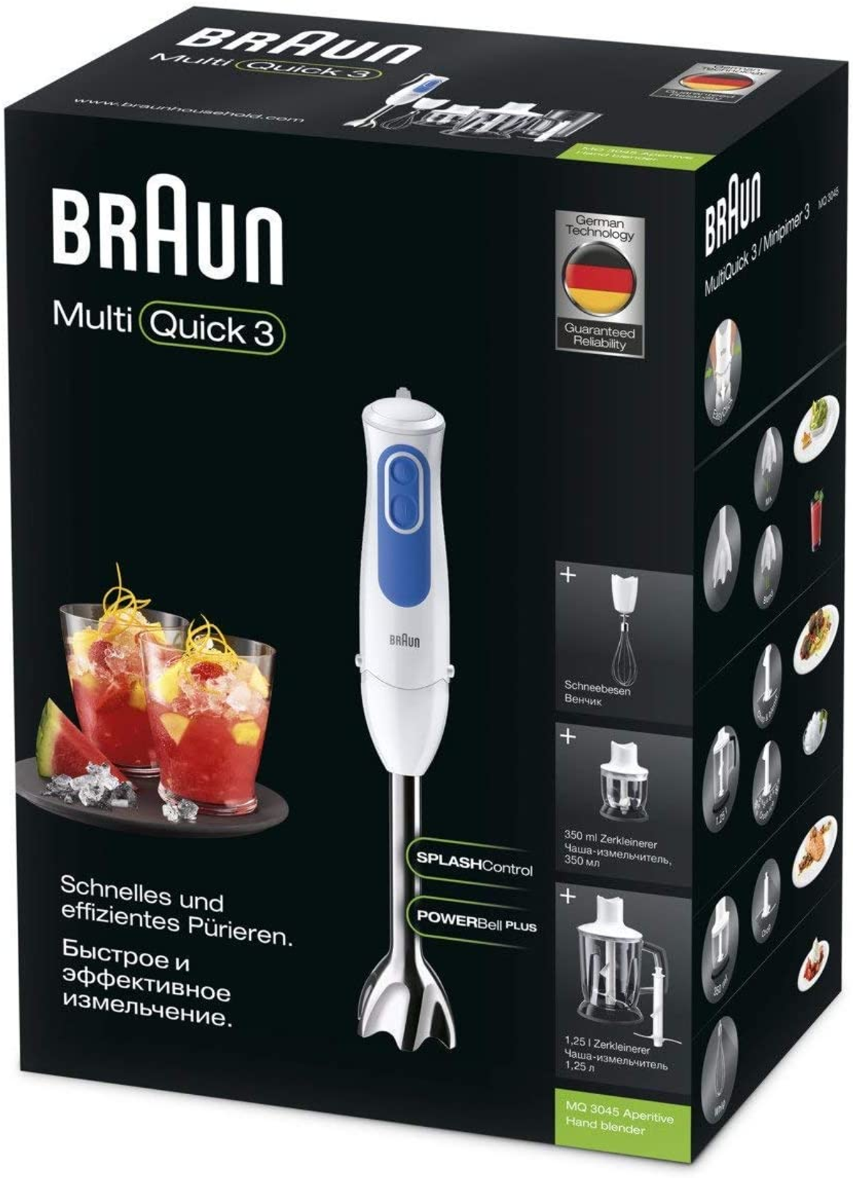 Una scatola nera con l'immagine di un frullatore mostra Braun MultiQuick 3. Contiene un frullatore a immersione bianco e accessori.
