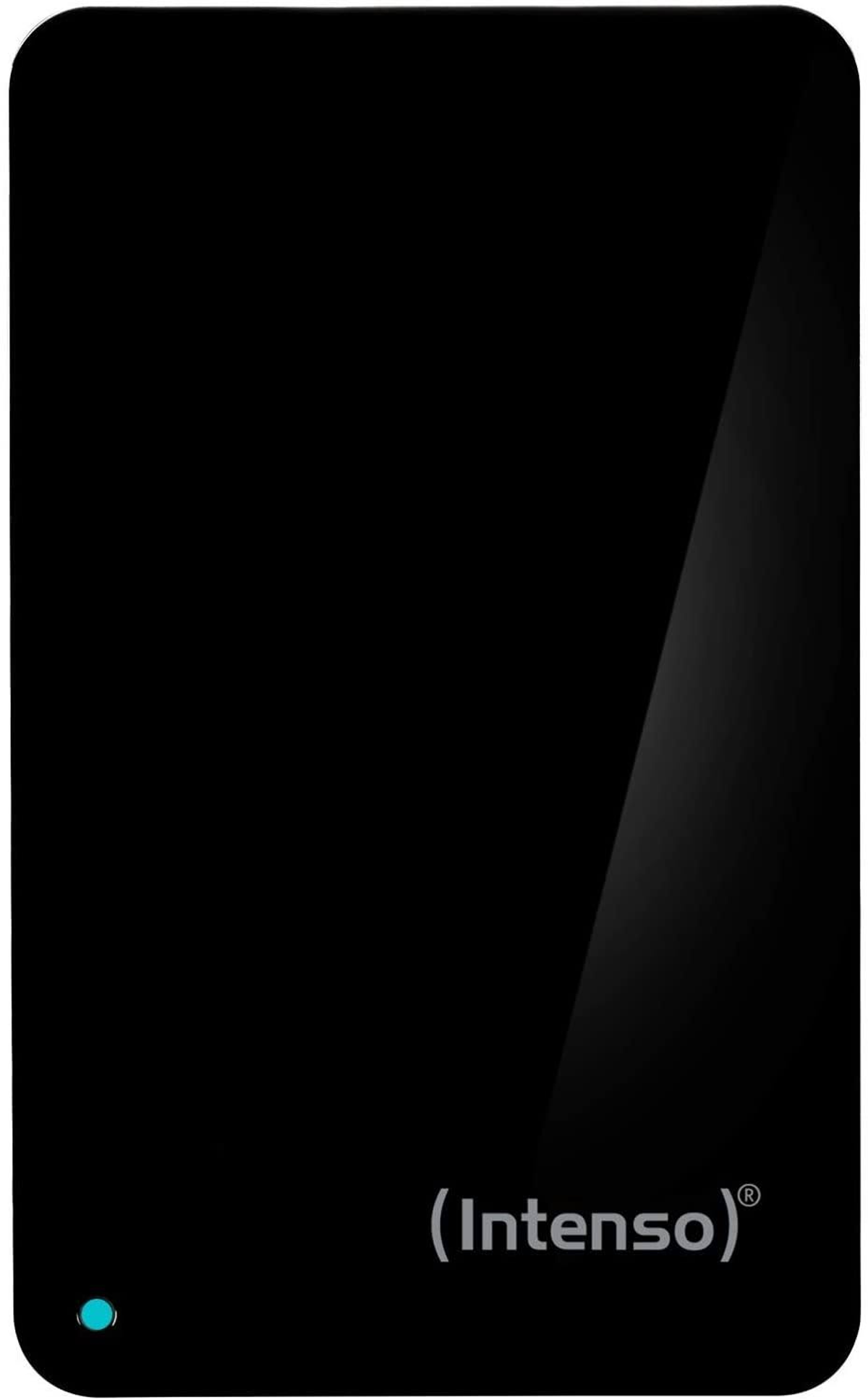 Czarny, prostokątny dysk zewnętrzny z logo 'Intenso' i niebieskim światłem.