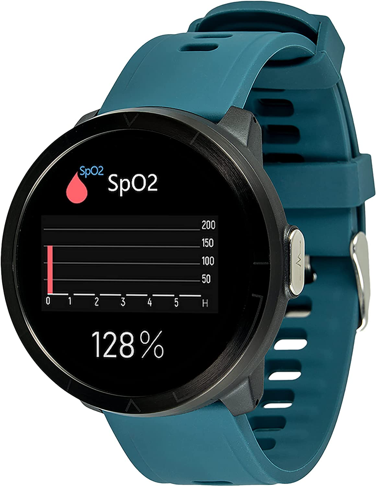Smartwatch pokazujący odczyt SpO2 128% z wykresem i turkusowym paskiem.