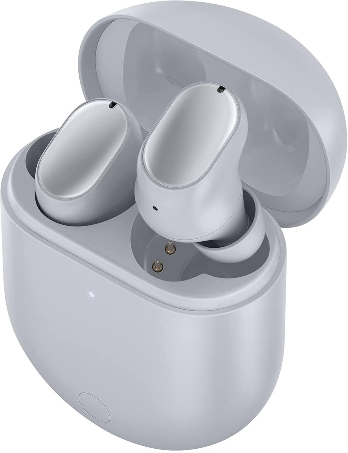 Auriculares inalámbricos grises en un estuche de carga abierto. Los auriculares son plateados.