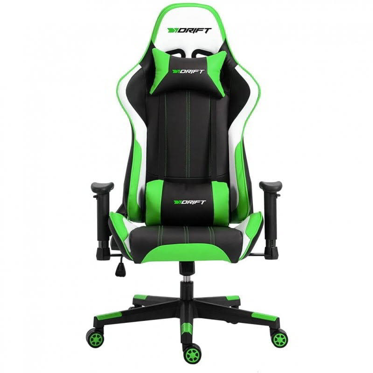 Sedia da gaming con dettagli verdi, neri e bianchi, braccioli neri e base nera.
